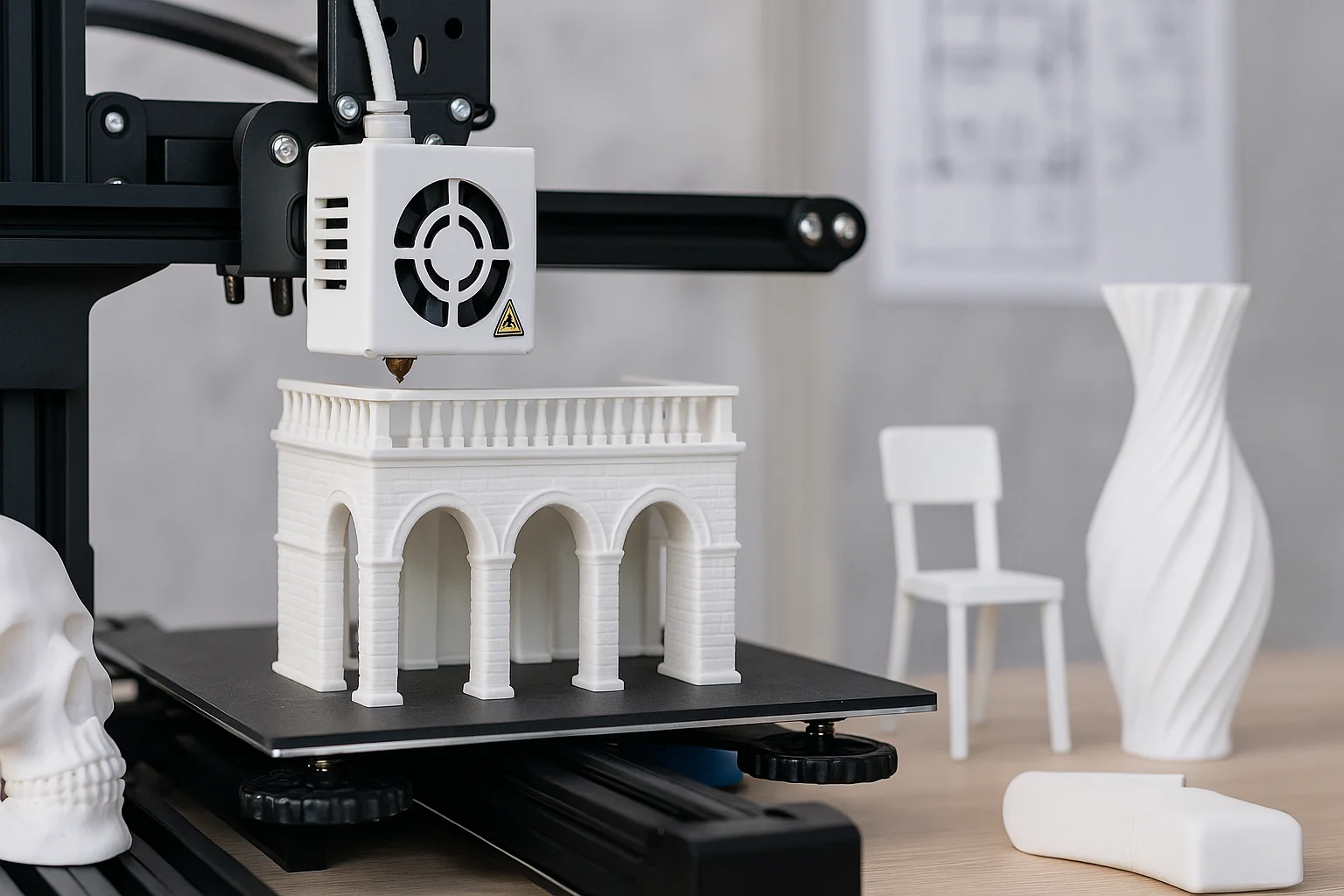 3D-принтер в процессе печати белого объекта в чистой технологичной среде, символизирующий применение в медицине, строительстве и дизайне.